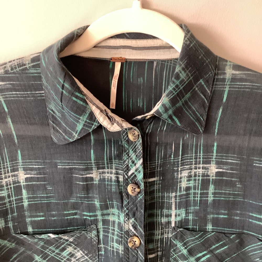 Free People teal plaid-like print semi sheer button down top size small